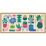 Framed canvas with stylized bright floral and succulent plants in pots, featuring blue, green, pink, and yellow abstract shapes on a light background.