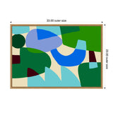Abstract composition of overlapping organic shapes in shades of green, blue, and beige within a wooden frame, measuring 33 by 23 inches.