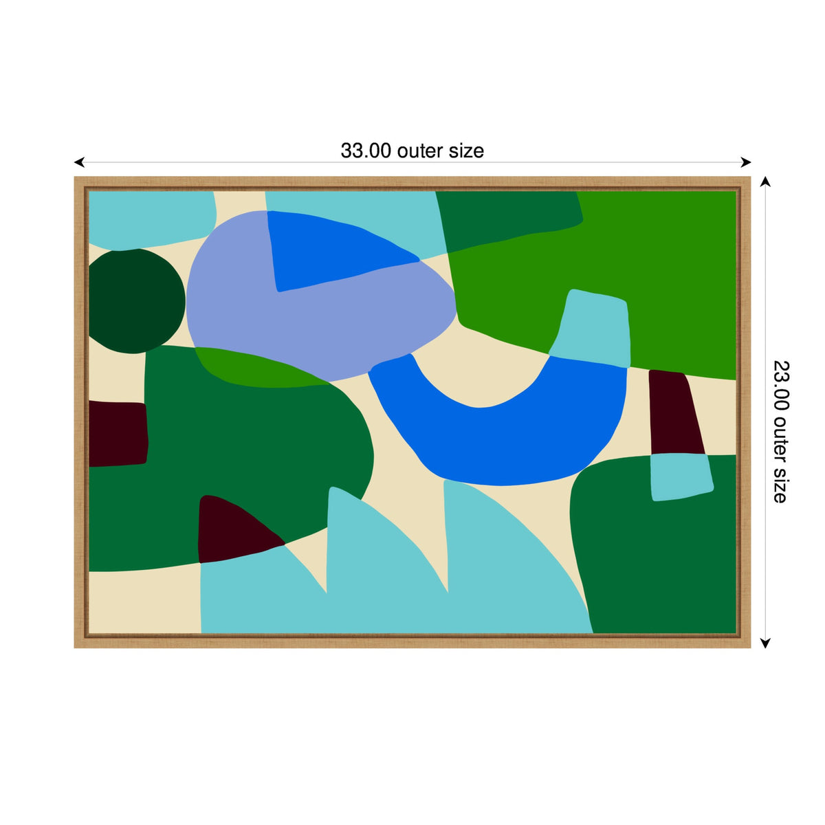 Abstract composition of overlapping organic shapes in shades of green, blue, and beige within a wooden frame, measuring 33 by 23 inches.