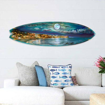 Surfboard-shaped coastal wall art featuring a full moon over the ocean by G. DeBrekht