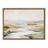Abstract landscape painting depicting a winding river flowing through soft green and beige fields under a pale sky, framed with a beaded wooden border.