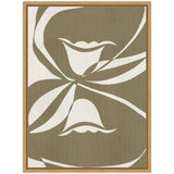 Abstract canvas artwork with curved white floral shapes on olive green background, enclosed in a medium wood frame, featuring smooth organic lines.