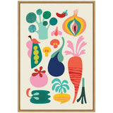 Abstract colorful vegetables including broccoli, onion, pea pod, eggplant, carrot, and corn in a modern, playful style on a cream background framed in wood.