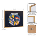 Illustration of a goldfish swimming in a clear fishbowl with pastel pink and yellow aquatic plants, set against a dark blue background within a gold-finished oak wood frame.
