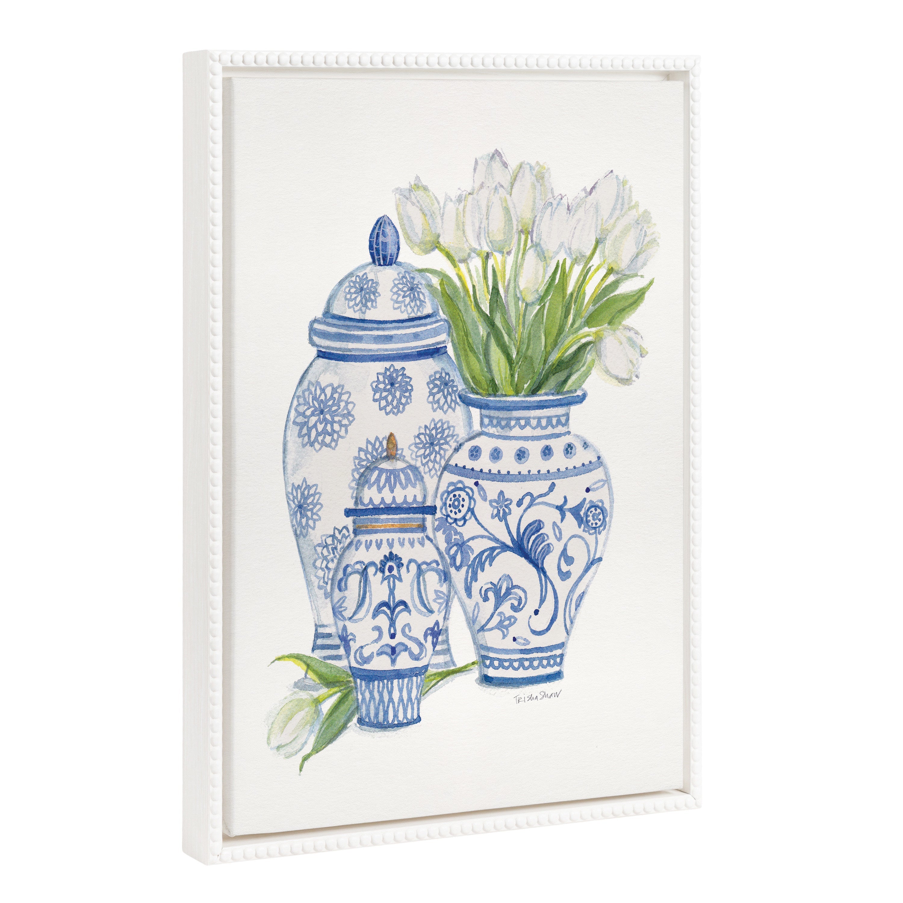 Sylvie Beaded Chinoiserie Jars with White Tulips framed canvas art with vintage beaded frame