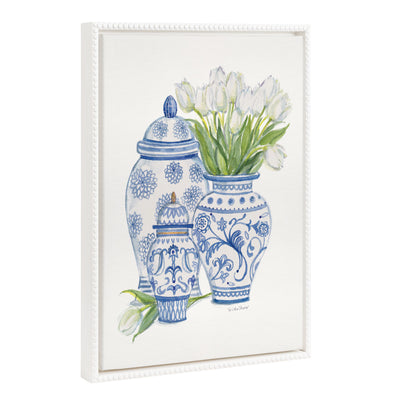 Sylvie Beaded Chinoiserie Jars with White Tulips framed canvas art with vintage beaded frame