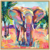 Colorful painting of an African elephant surrounded by bright foliage with bold brushstrokes in shades of pink, orange, blue, and green on canvas.