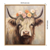 Framed canvas of a Highland cow portrait with shaggy beige fur and a crown of orange and white flowers on its head against a soft neutral background, 30x30 inches.