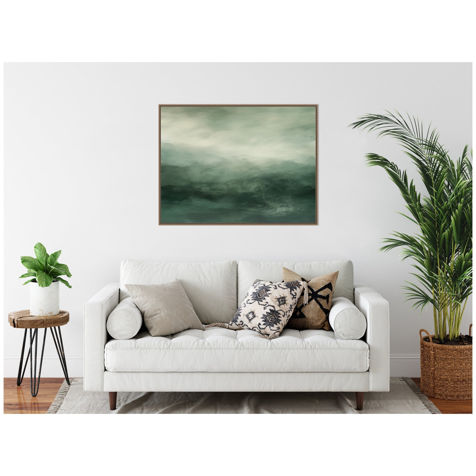 Tonal Abstract Comforting Sage Emerald Forest Green Landscape Horizontal Framed Canvas