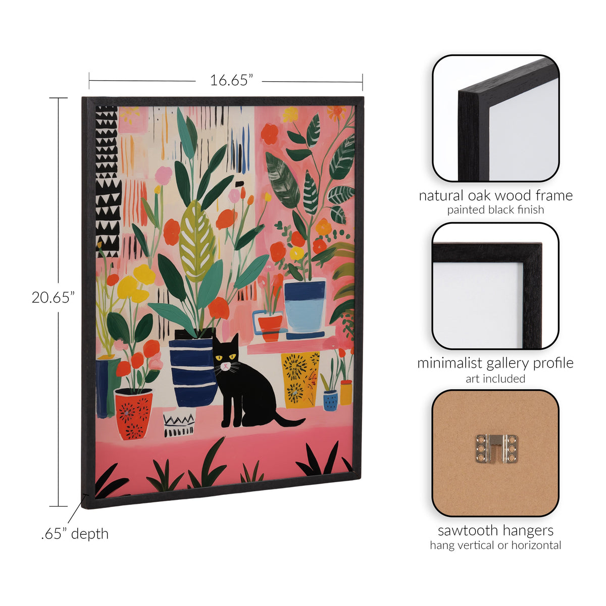 Colorful print featuring various whimsical houseplants in patterned pots with a small black cat sitting among them, framed in a thin black wood frame.