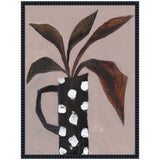 Painting of a black mug with white squares holding three large brown leaves against a muted mauve background, framed by a textured black frame.