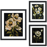 Moody Whites Floral No.
3 3 Piece Framed Wall Art Print Set showing three floral prints in black designer frames
