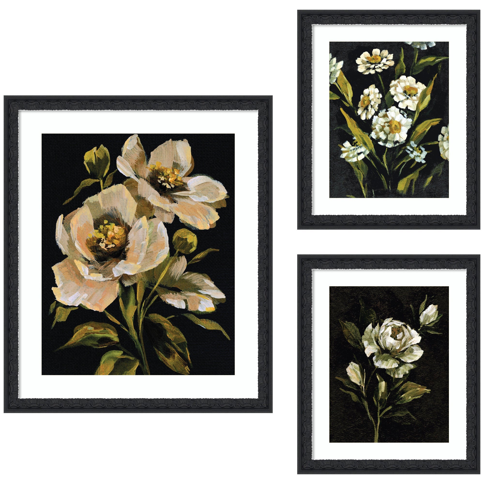 Moody Whites Floral No.
3 3 Piece Framed Wall Art Print Set showing three floral prints in black designer frames
