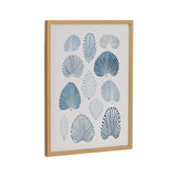 Framed art print displaying an array of stylized blue and teal coral shapes with radiating lines on a white background.