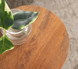 Top view of a round Dahl Wood drink table with a smooth, warm brown wood grain surface, partially showing a clear glass vase with green and white variegated leaves.
