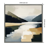 Abstract landscape painting showing a mountain lake with muted beige, green, and blue tones and broad brushstrokes, framed in a slim gray frame.