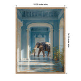 Elephant walking through an ornately decorated blue hallway with arched doorways and patterned marble floor, framed in a carved wooden frame.