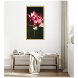 Framed art print of a pink lotus flower with dark green background hanging above a simple wooden bench with a folded beige blanket and open book.