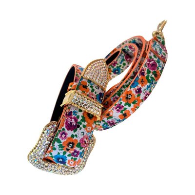 Poppy & Pansy floral printed Italian leather dog collar and leash set with Swarovski Crystal buckle by Allysa Payne Beverly Hills