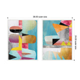 Two abstract geometric canvas artworks featuring bold shapes in teal, orange, pink, yellow, black, and white, framed and sized 38 by 24 inches each, side by side.