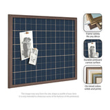 Square framed pinboard with navy blue plaid fabric and wooden frame, showing two black and white photos pinned with wooden pegs, plus small insets of frame and fabric detail.