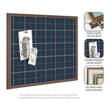 Navy blue fabric pinboard with beige grid lines in a walnut wood frame, displaying two black-and-white photos pinned with wooden clips, alongside inset detail images of frame options and fabric textures.