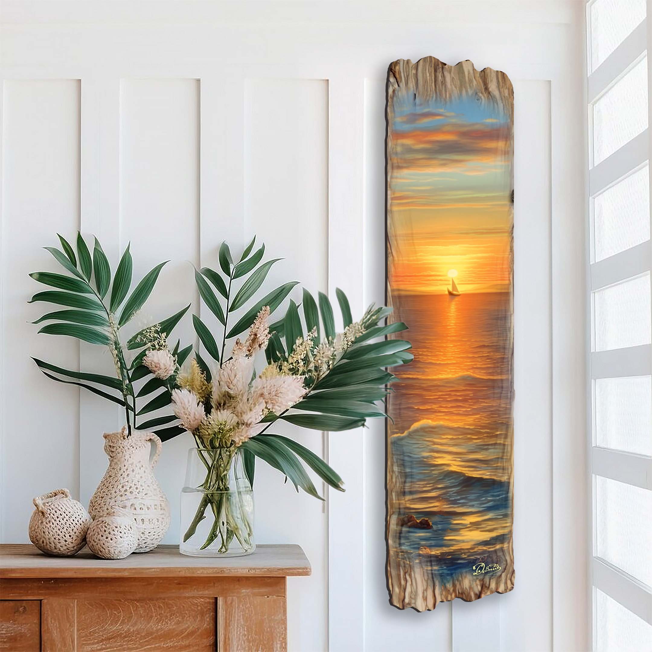 Golden Sunset Wooden Wall Art showing a coastal ocean scene with sunset colors by G. DeBrekht