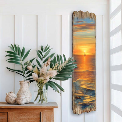 Golden Sunset Wooden Wall Art showing a coastal ocean scene with sunset colors by G. DeBrekht