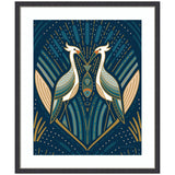 Art Deco style illustration of two symmetrical herons facing each other with elongated necks and stylized feathers in blue, gold, and white tones on a dark blue background.