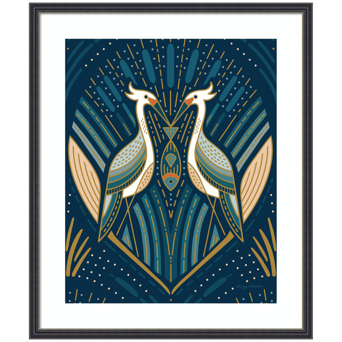 Art Deco style illustration of two symmetrical herons facing each other with elongated necks and stylized feathers in blue, gold, and white tones on a dark blue background.