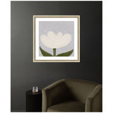 Framed minimalist wall art of a white tulip with green leaves on a light gray background, hung above a dark olive velvet chair and black side table.