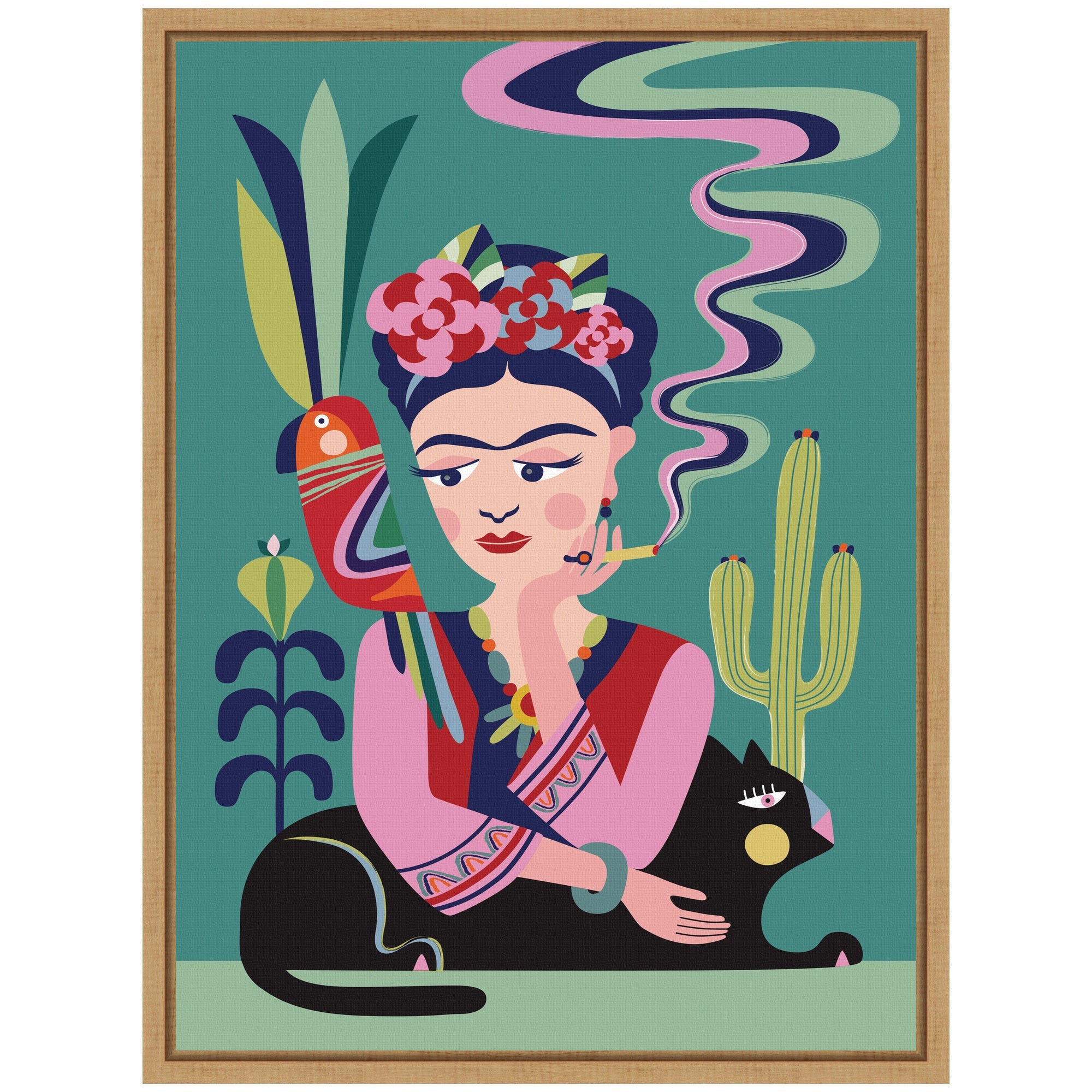 Sylvie Frida Kahlo and the Black Cat Framed Canvas by Rachel Lee