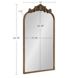 Rectangular mirror with an arched top, featuring an ornate bronze decorative crest and a narrow bronze frame, measuring 30.75 inches tall by 19 inches wide.