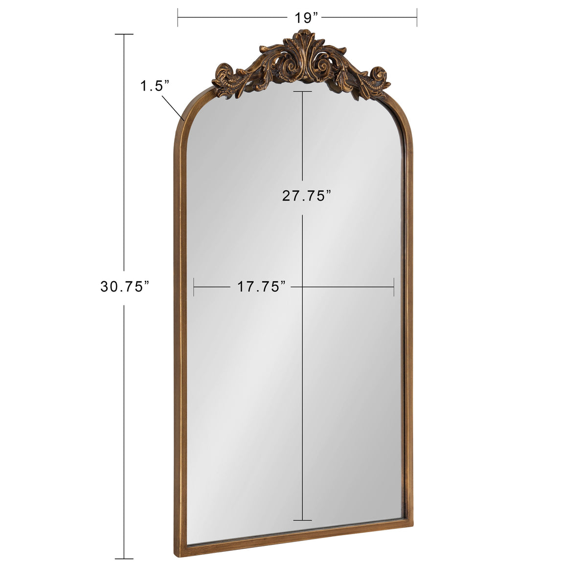 Rectangular mirror with an arched top, featuring an ornate bronze decorative crest and a narrow bronze frame, measuring 30.75 inches tall by 19 inches wide.