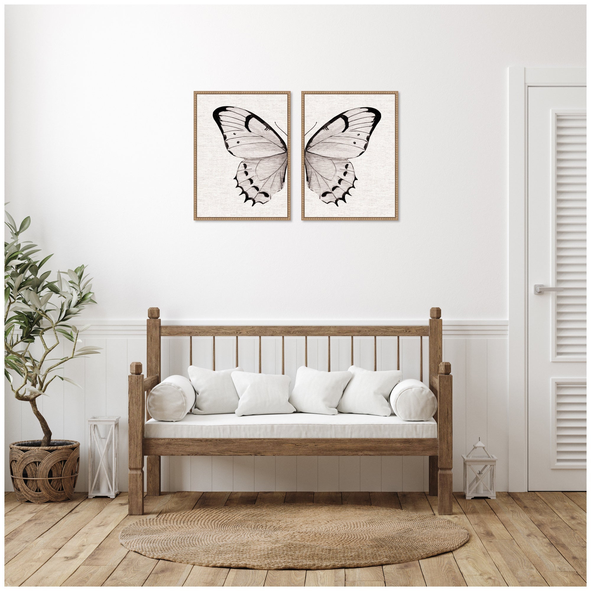 Sylvie Beaded Minimal Butterfly Watercolor Neutral Linen - 2 Piece Framed Canvas Art Set
