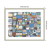 Abstract horizontal artwork featuring a grid of rounded rectangles and squares in muted tones of blue, beige, gray, and rust, framed in a light wood frame with white matting.