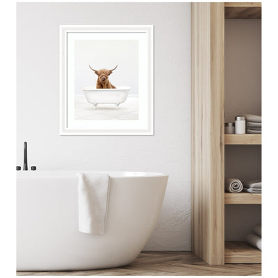 Highland Cow Solo Bathtub by Amy Peterson Framed Wall Art Print