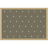 Rectangular framed pinboard with a muted green fabric surface featuring a repeating white botanical block print pattern arranged in evenly spaced rows.