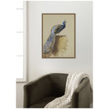 Framed canvas print of a blue and green peacock with detailed eye-patterned tail feathers perched on a ledge, displayed above a dark green armchair draped with a cream knit blanket.