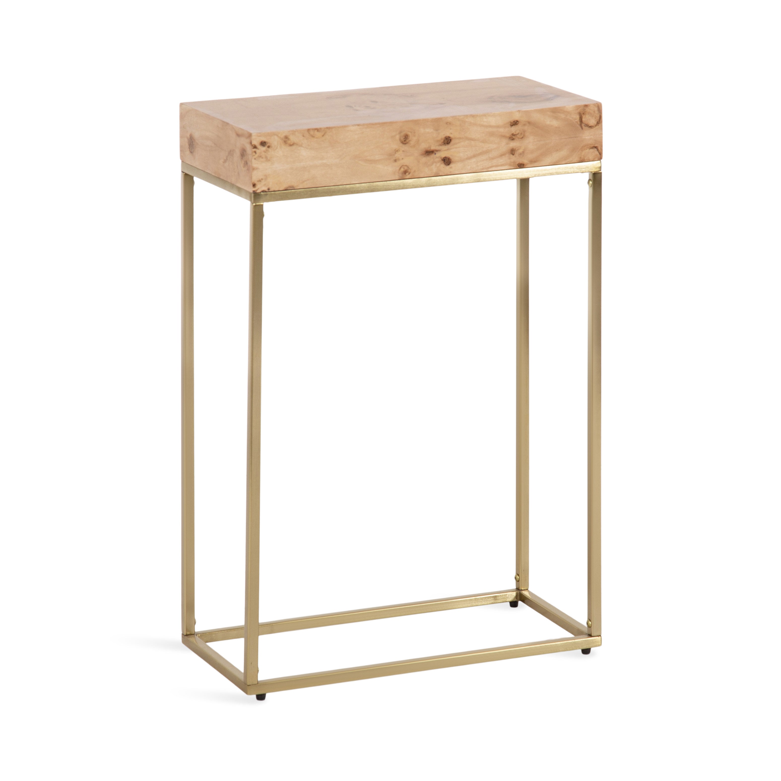 Karlsen Wood and Metal Slim Side Table in natural wood and gold metal finish