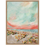 Impressionistic beach scene with soft pastel hues, featuring sandy dunes, a wooden fence, and a calm sea beneath a streaked coral and teal sky.