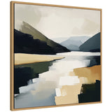 Abstract modern painting of a mountain lake with layered dark blue and green hills, beige shorelines, and bright reflections under a cloudy sky framed in light wood.