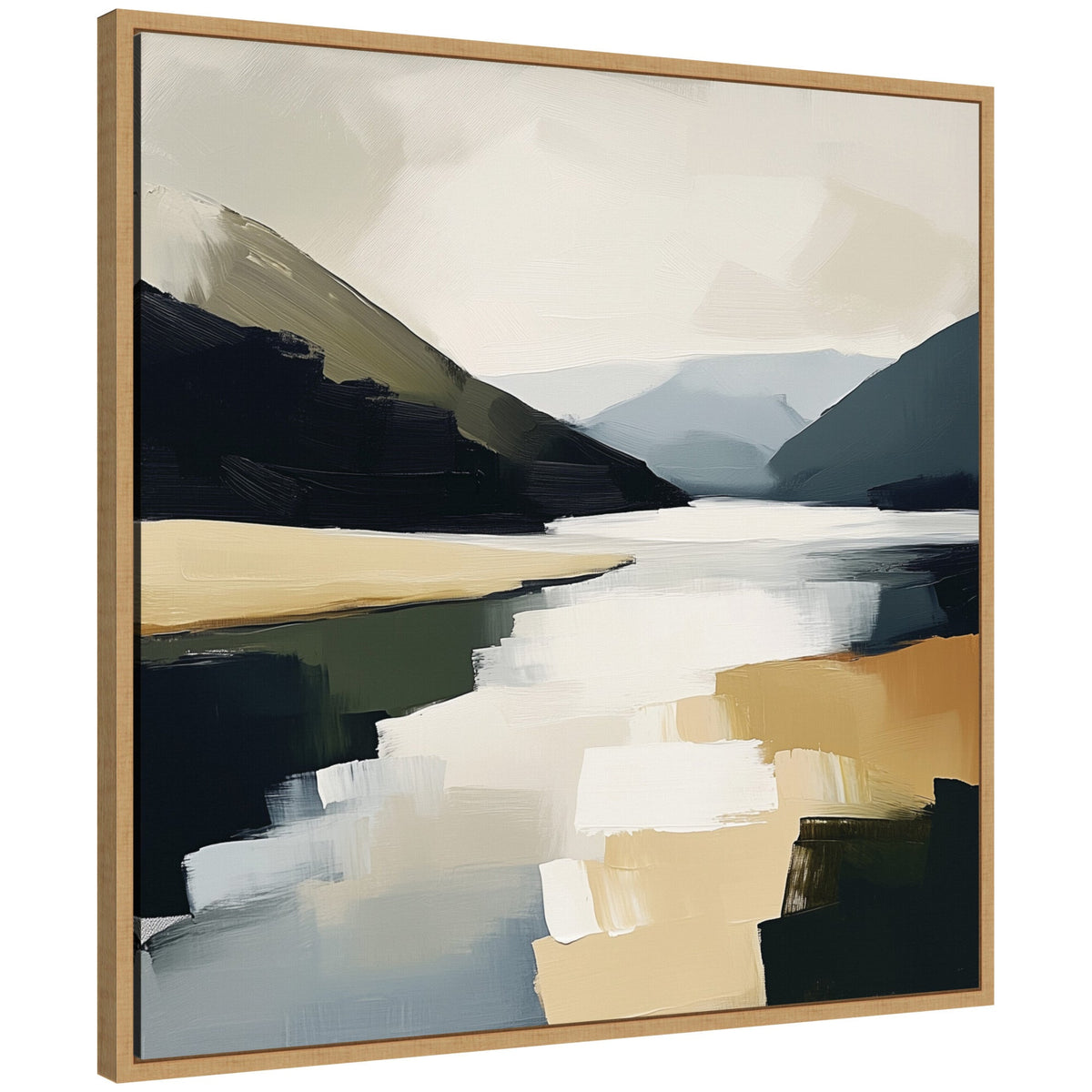 Abstract modern painting of a mountain lake with layered dark blue and green hills, beige shorelines, and bright reflections under a cloudy sky framed in light wood.