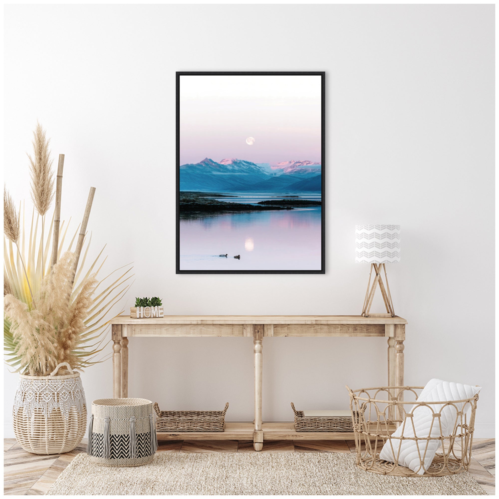 Sylvie Two Ducks in a Lake during Pastel Moonrise over Icelandic Mountains Framed Canvas by Michael Schauer