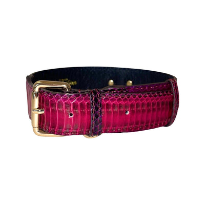 Ruby Red & Purple Snake Classic Collar lying flat, showing vibrant red and purple snake pattern with gold hardware
