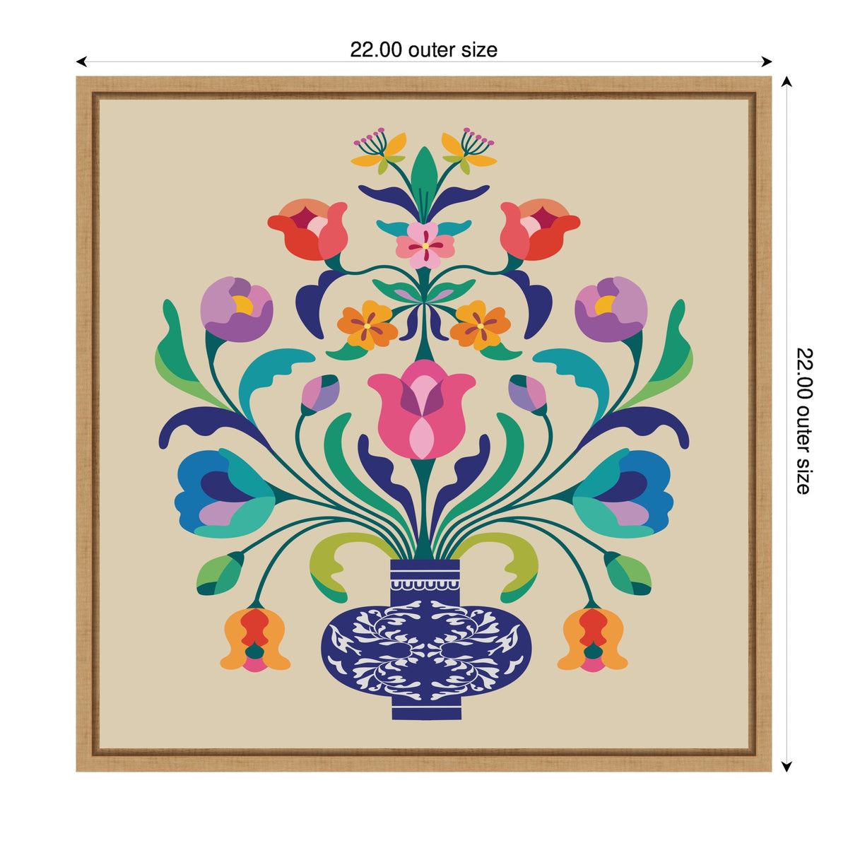 Symmetrical floral arrangement in a dark blue vase with white decorative patterns on a beige background, featuring vibrant pink, purple, orange, and green flowers and leaves.