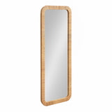 Tall rectangular wall mirror with a rounded-edge light wood frame featuring a ribbed texture, shown at a slight angle on a white background.