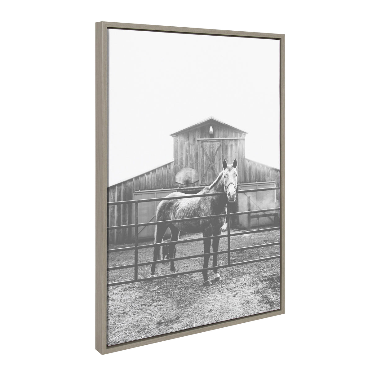 Black and white photograph of a horse standing behind a metal fence in front of a weathered wooden barn with a pitched roof, framed in a light wood frame.