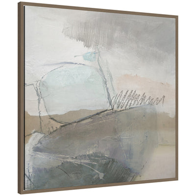 Wild Abstract by Nikki Chu - framed canvas wall art print with pastel blues, grays, and browns in a Sylvie Graywash float frame