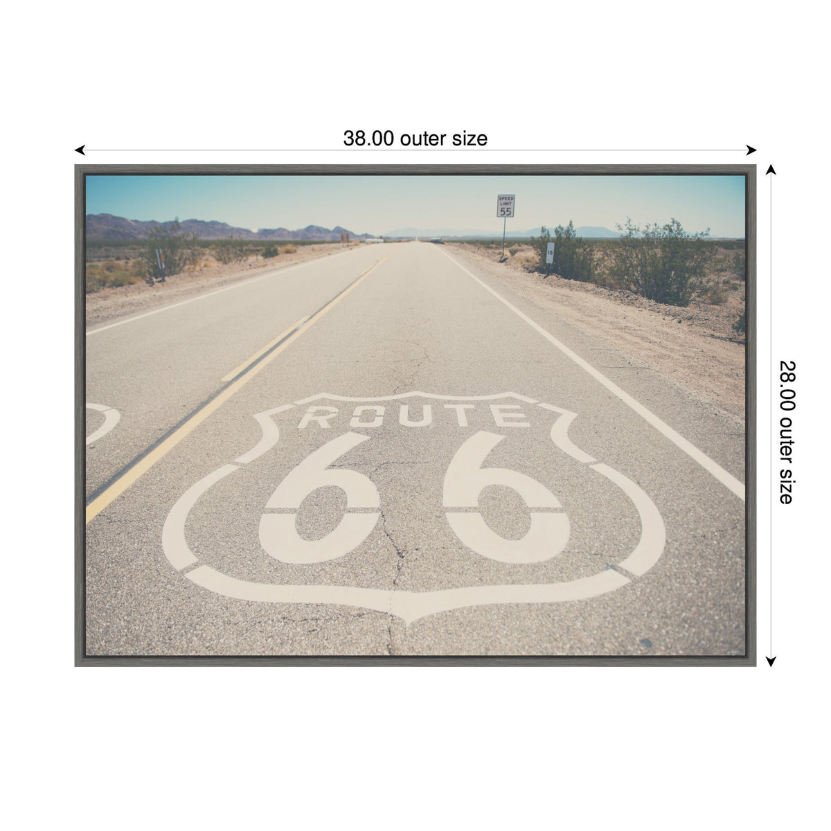 Desert highway stretching into distant mountains with Route 66 shield painted on the asphalt under a clear blue sky, sparse desert vegetation on sides.